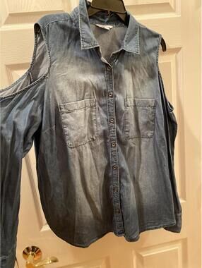 Boutique Cold Shoulder Denim Shirt Blouse for Women